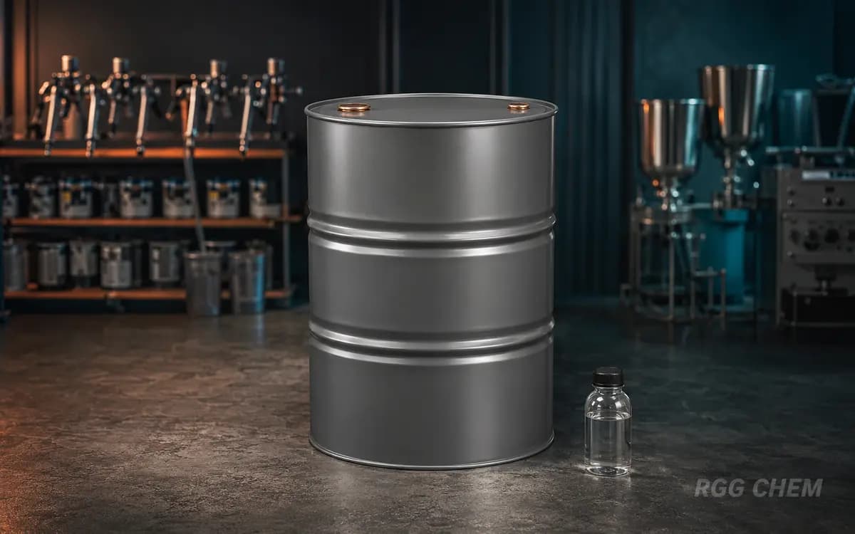 Photorealistic sealed gray butyl acetate drum and clear laboratory sample