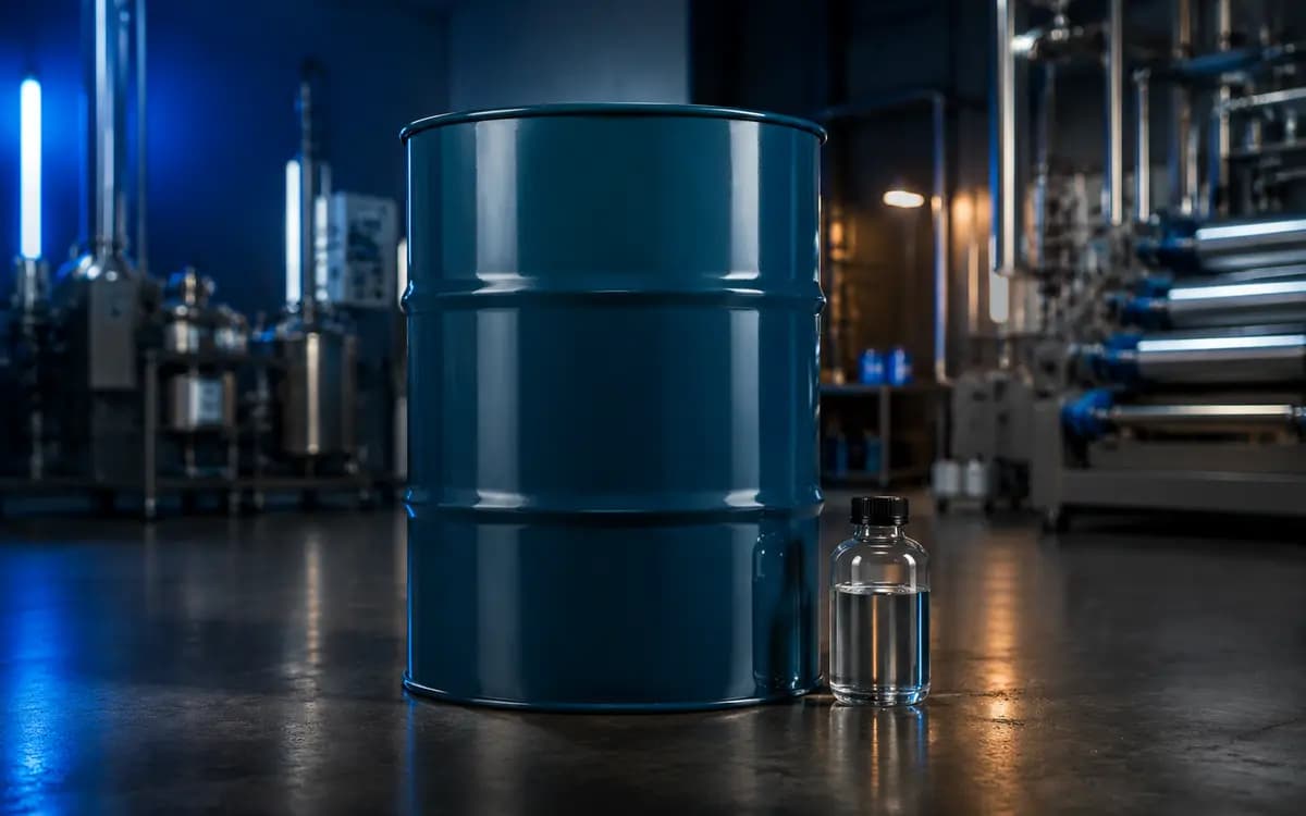 Photorealistic sealed teal cyclohexanone drum and clear laboratory sample