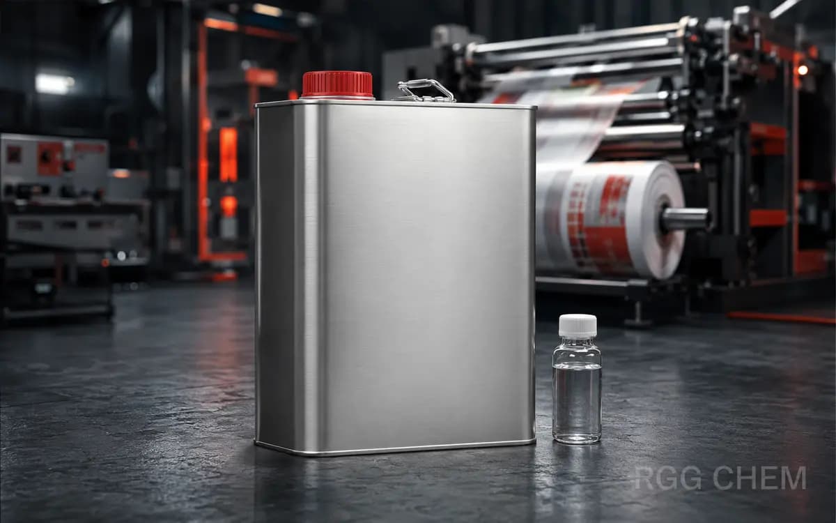 Photorealistic sealed metal ethyl acetate solvent can and clear laboratory sample