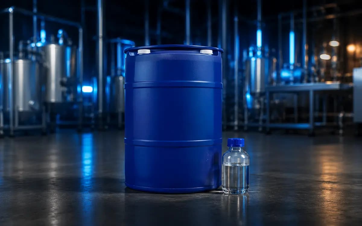 Photorealistic sealed blue isobutanol drum and clear laboratory sample