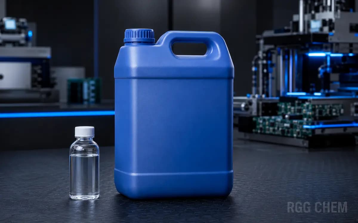 Photorealistic sealed blue IPA chemical jerrycan and clear laboratory sample