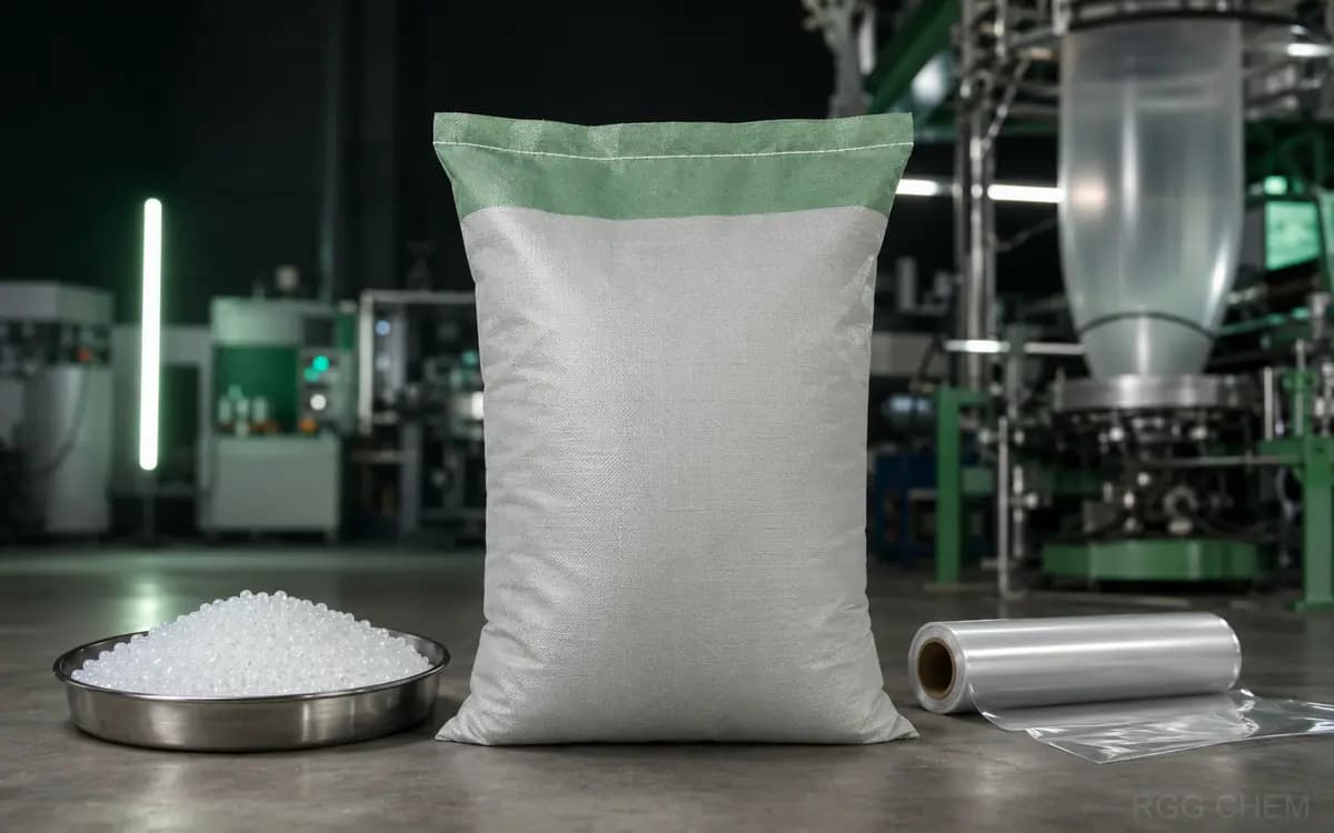 Photorealistic sealed LDPE resin sack with translucent pellets and flexible film sample
