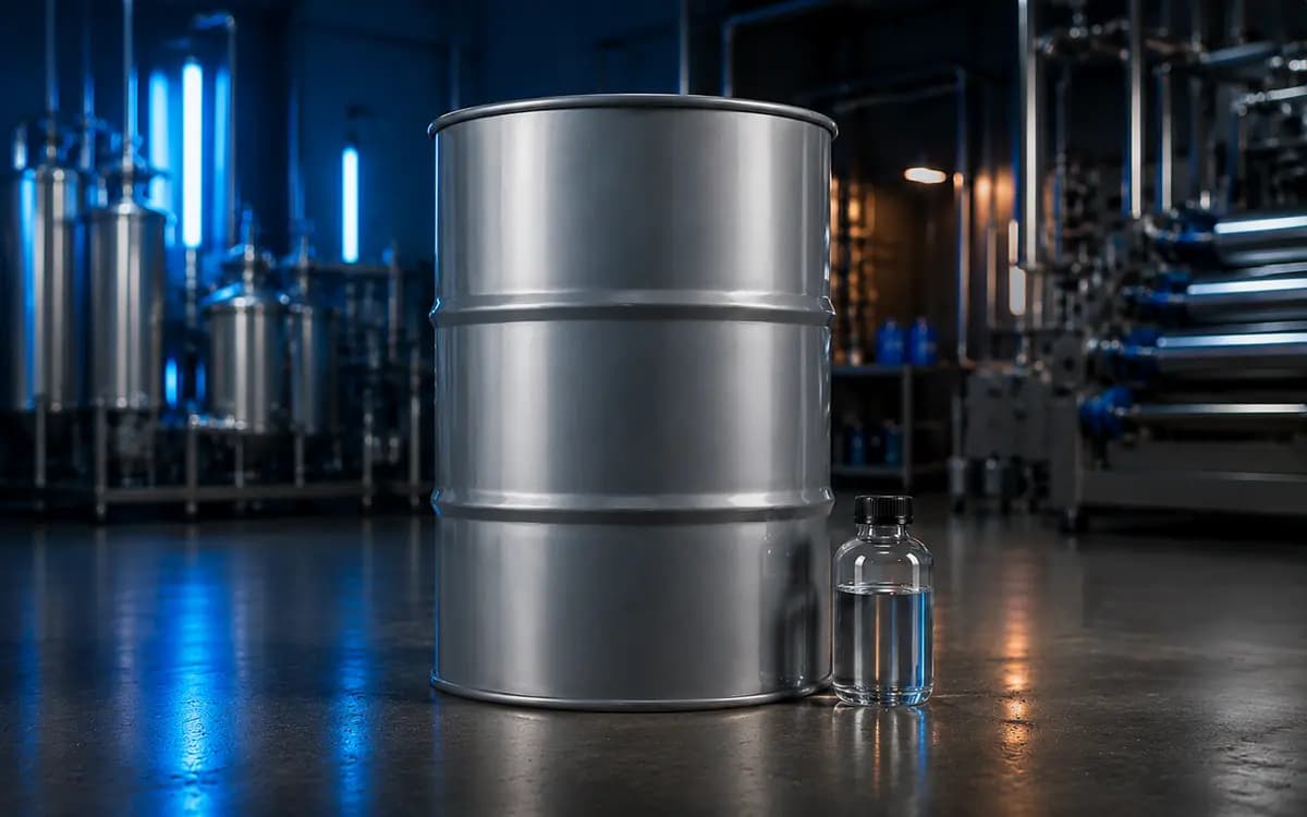 Photorealistic sealed steel methylene chloride drum and clear laboratory sample