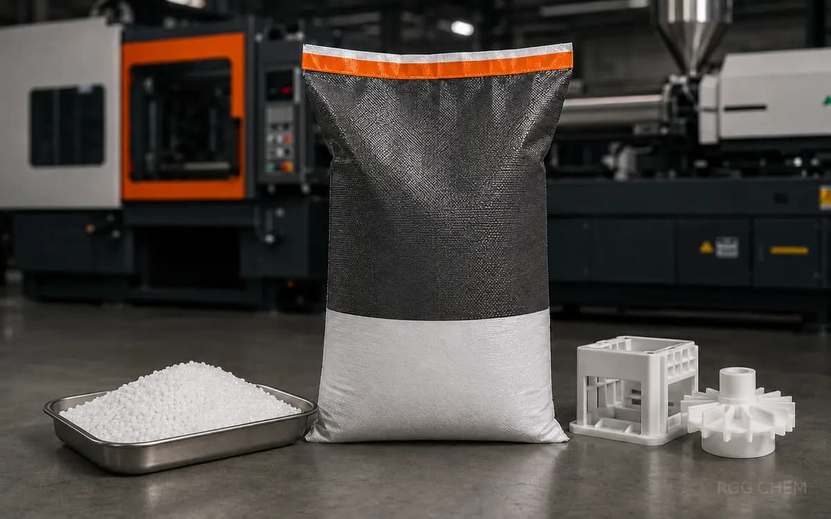 Photorealistic sealed polypropylene resin sack with white pellets and molded samples