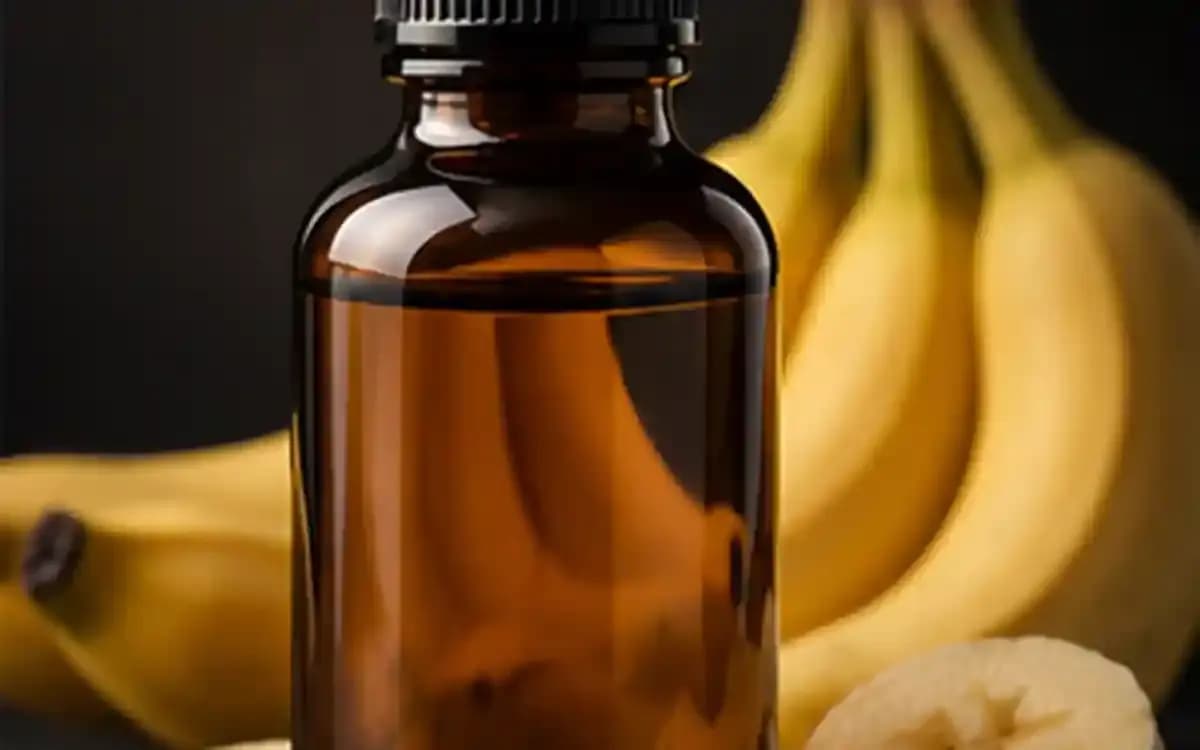 Photorealistic banana food flavor essence bottle with ripe bananas