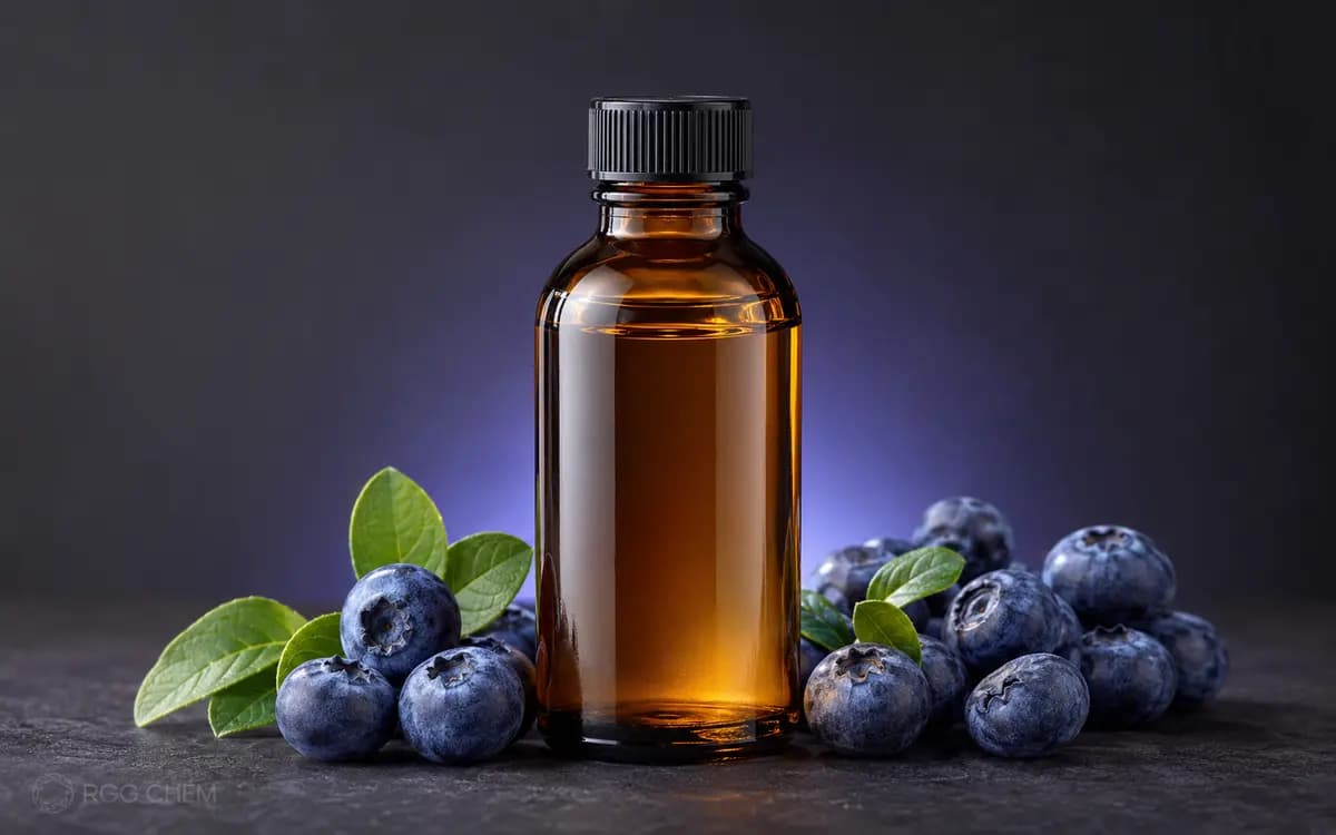تصویر واقعی‌نمای بطری اسانس خوراکی بلوبری در کنار بلوبری تازه