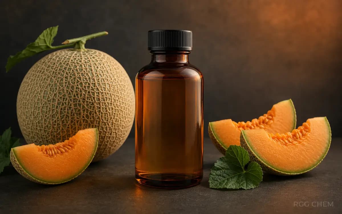 Photorealistic cantaloupe food flavor essence bottle with fresh cantaloupe