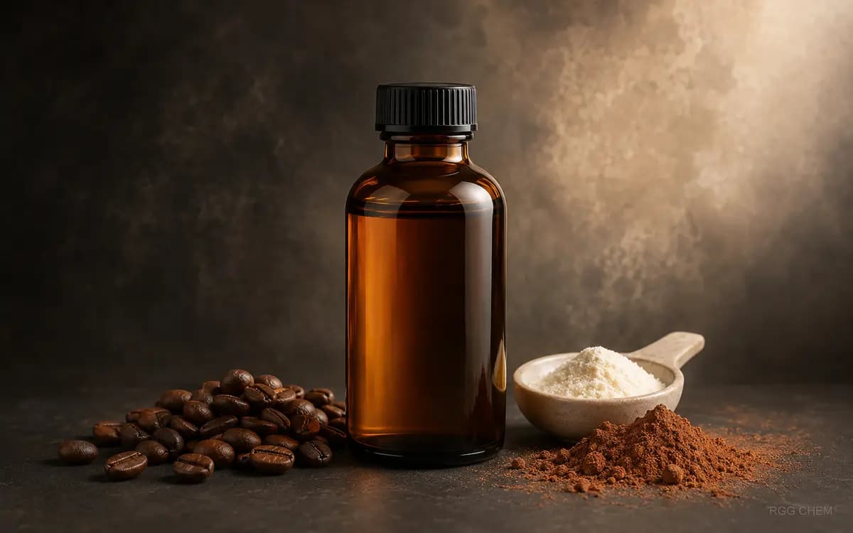 تصویر واقعی‌نمای بطری اسانس خوراکی کاپوچینو در کنار فنجان کاپوچینو
