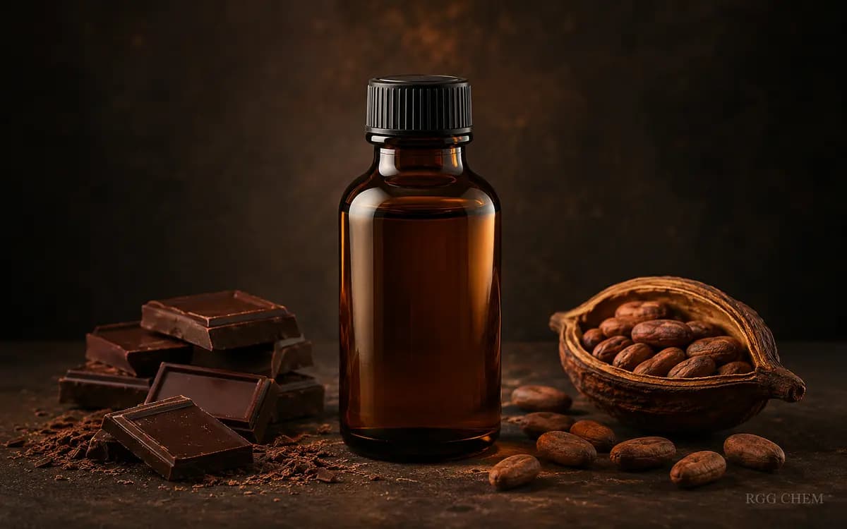 Photorealistic chocolate food flavor essence bottle with cocoa and chocolate