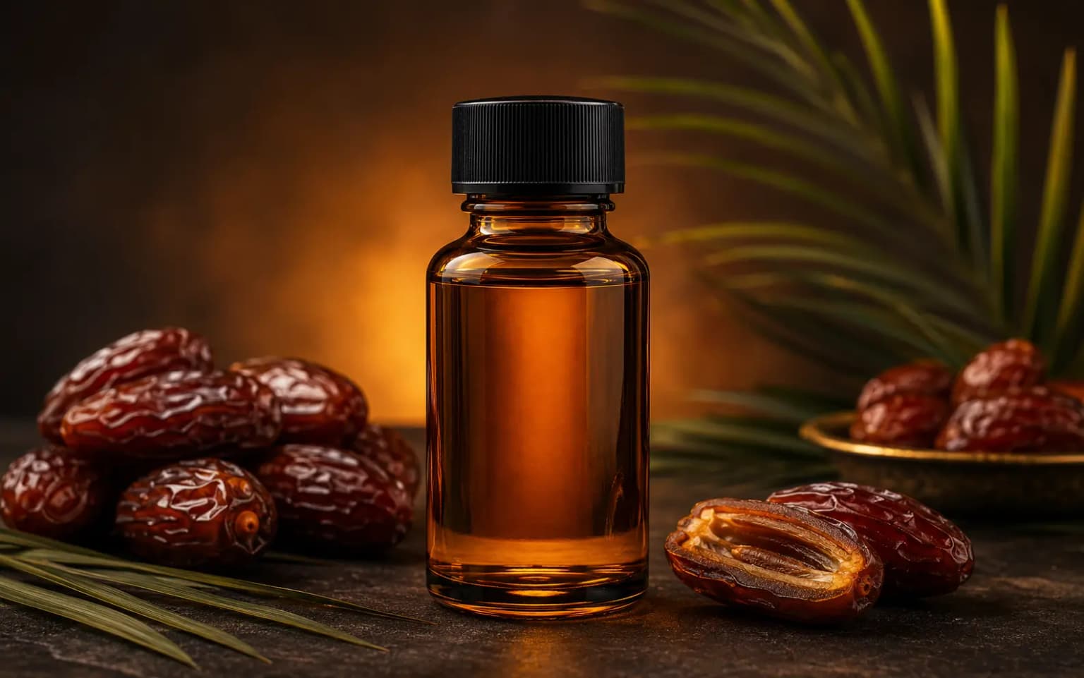 Photorealistic date food flavor essence bottle with fresh dates