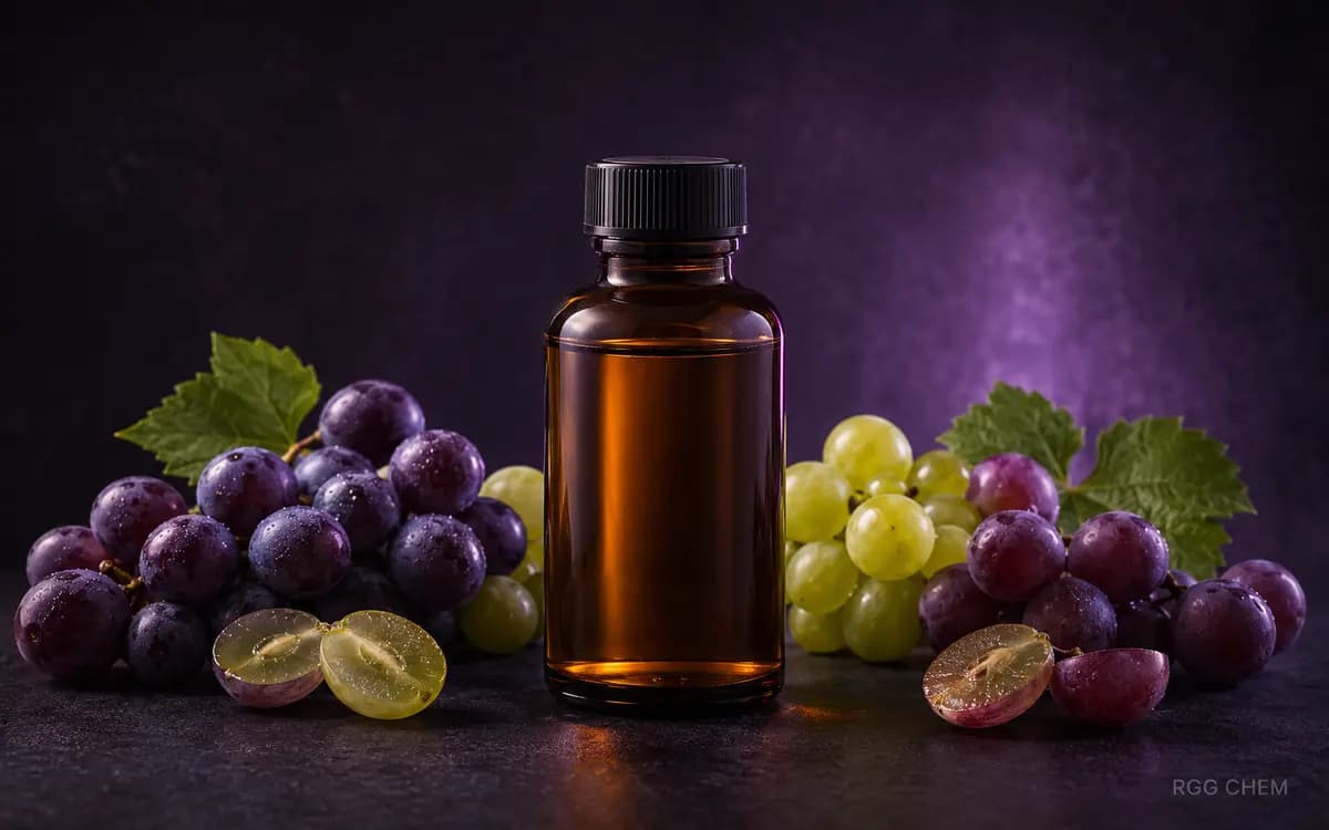 Photorealistic grape food flavor essence bottle with fresh grapes