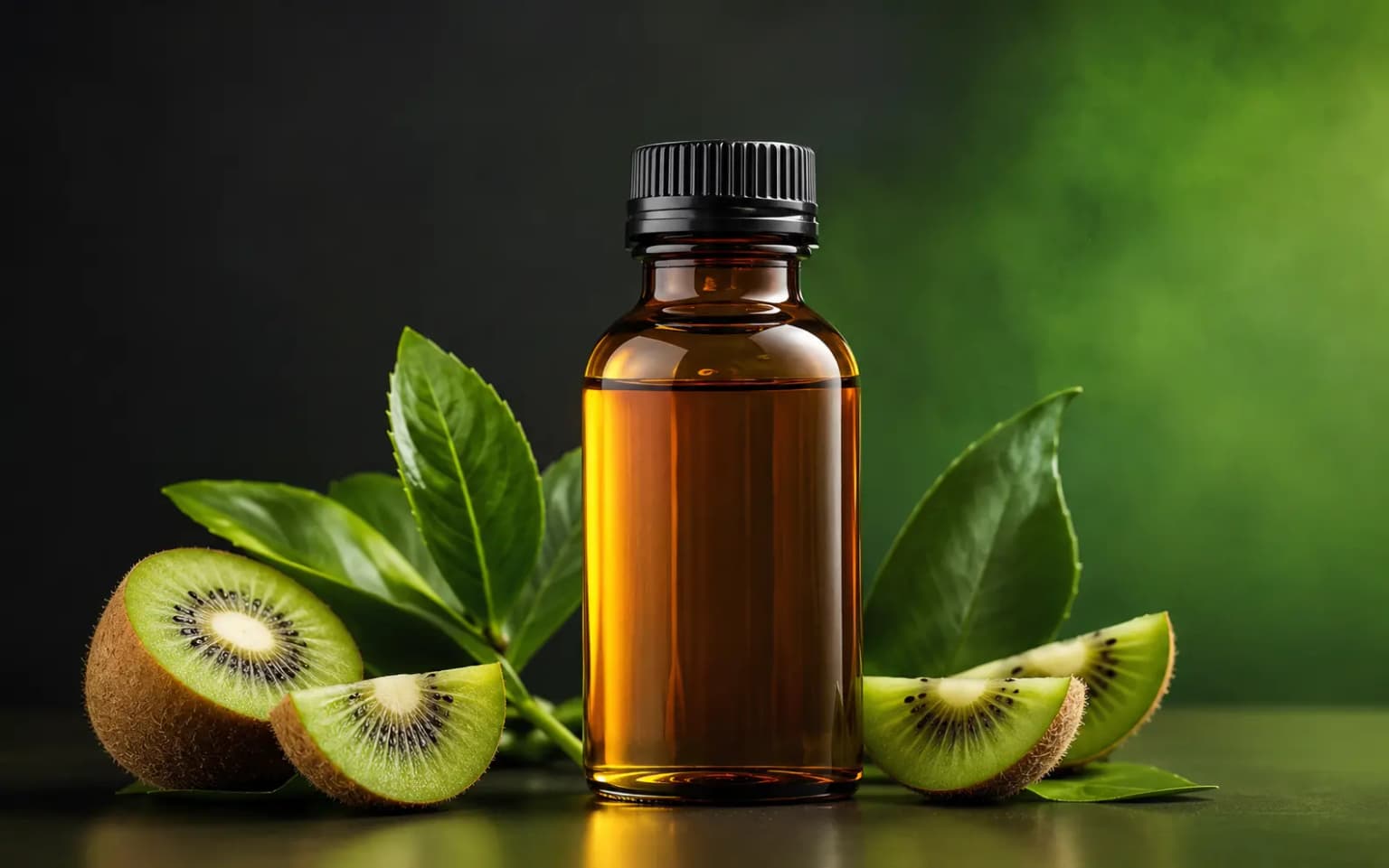 Photorealistic kiwi food flavor essence bottle with fresh kiwi