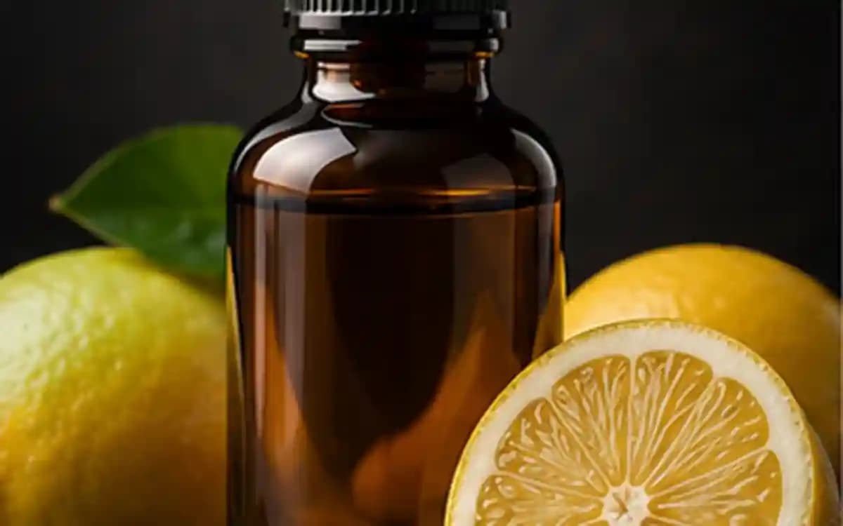 Photorealistic lemon food flavor essence bottle with fresh lemons