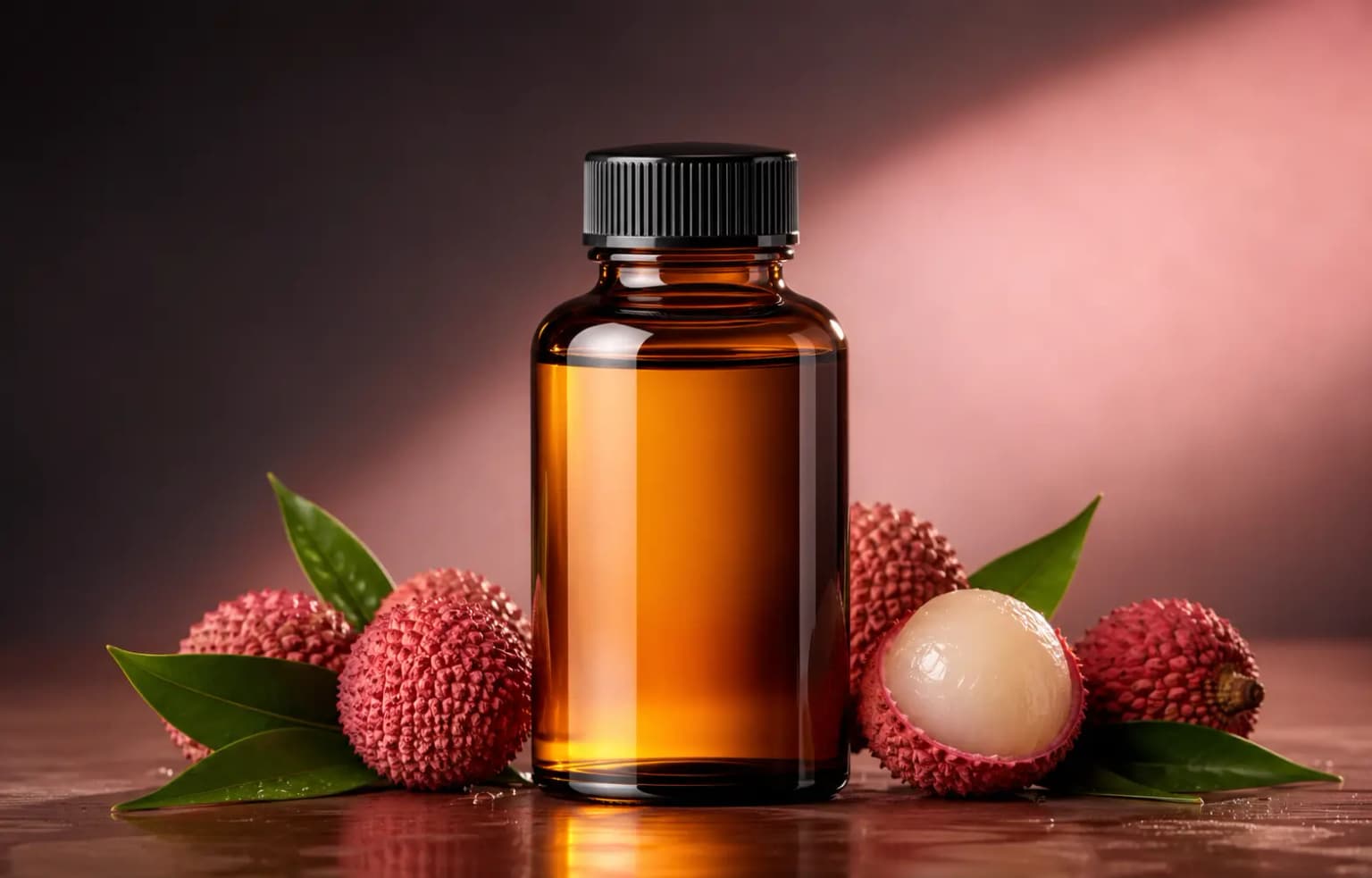 Photorealistic lychee food flavor essence bottle with fresh lychee