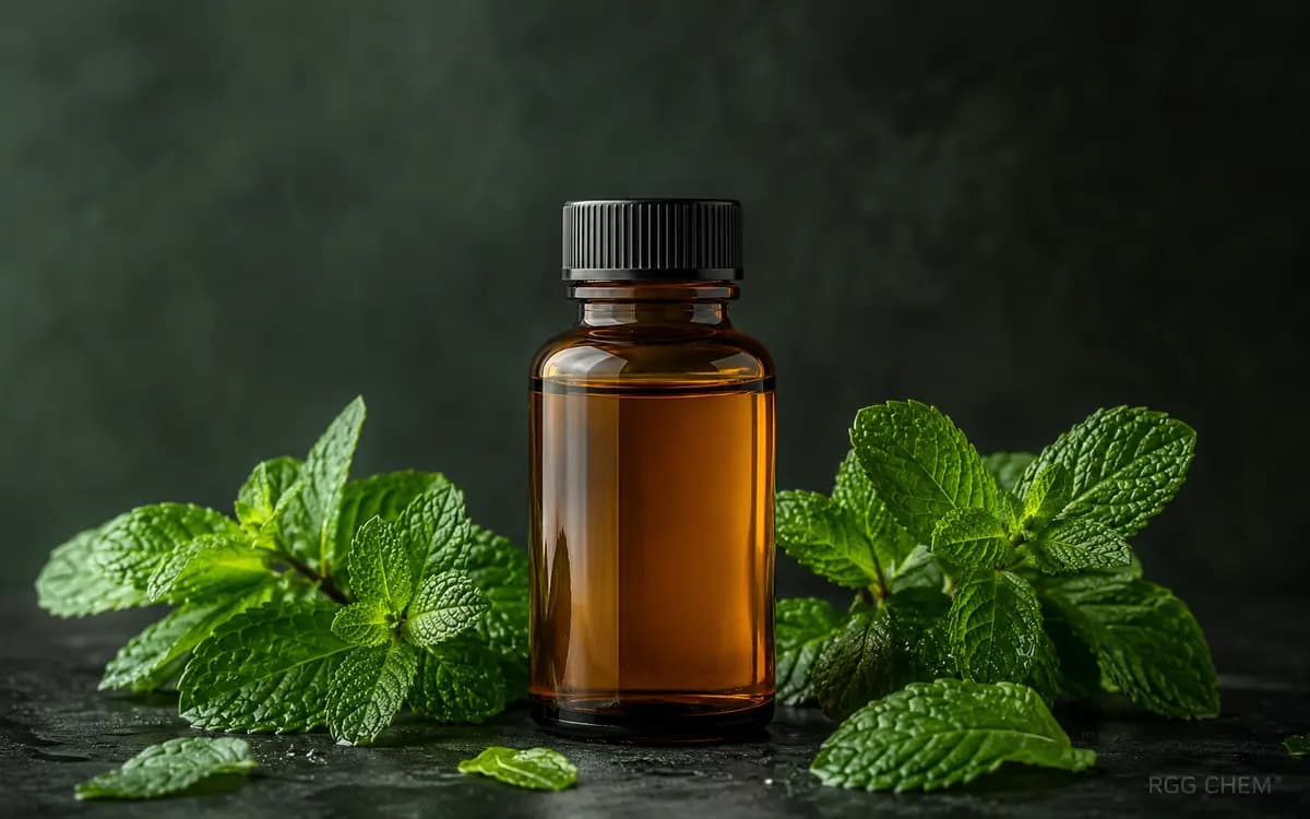 تصویر واقعی‌نمای بطری اسانس خوراکی نعناع در کنار برگ نعناع تازه