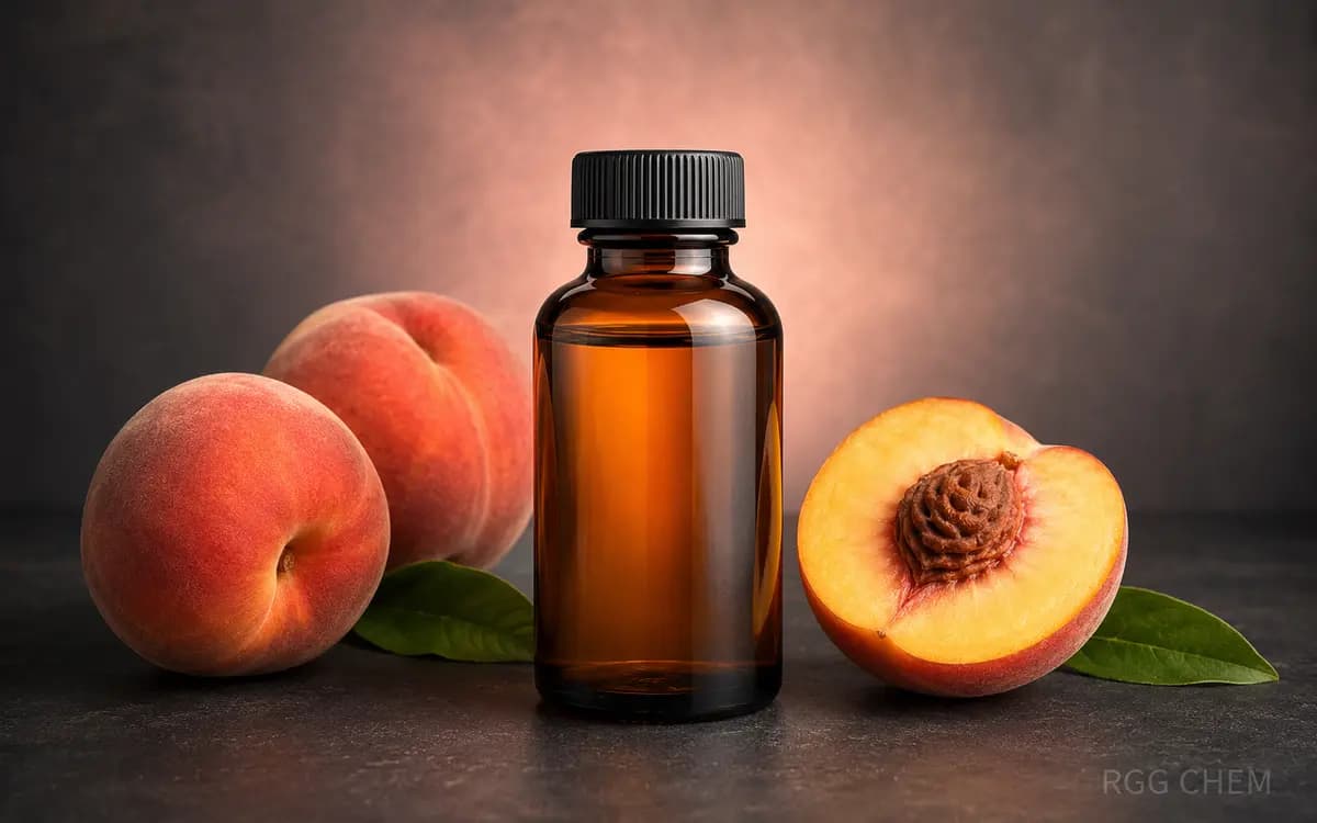 Photorealistic peach food flavor essence bottle with fresh peaches