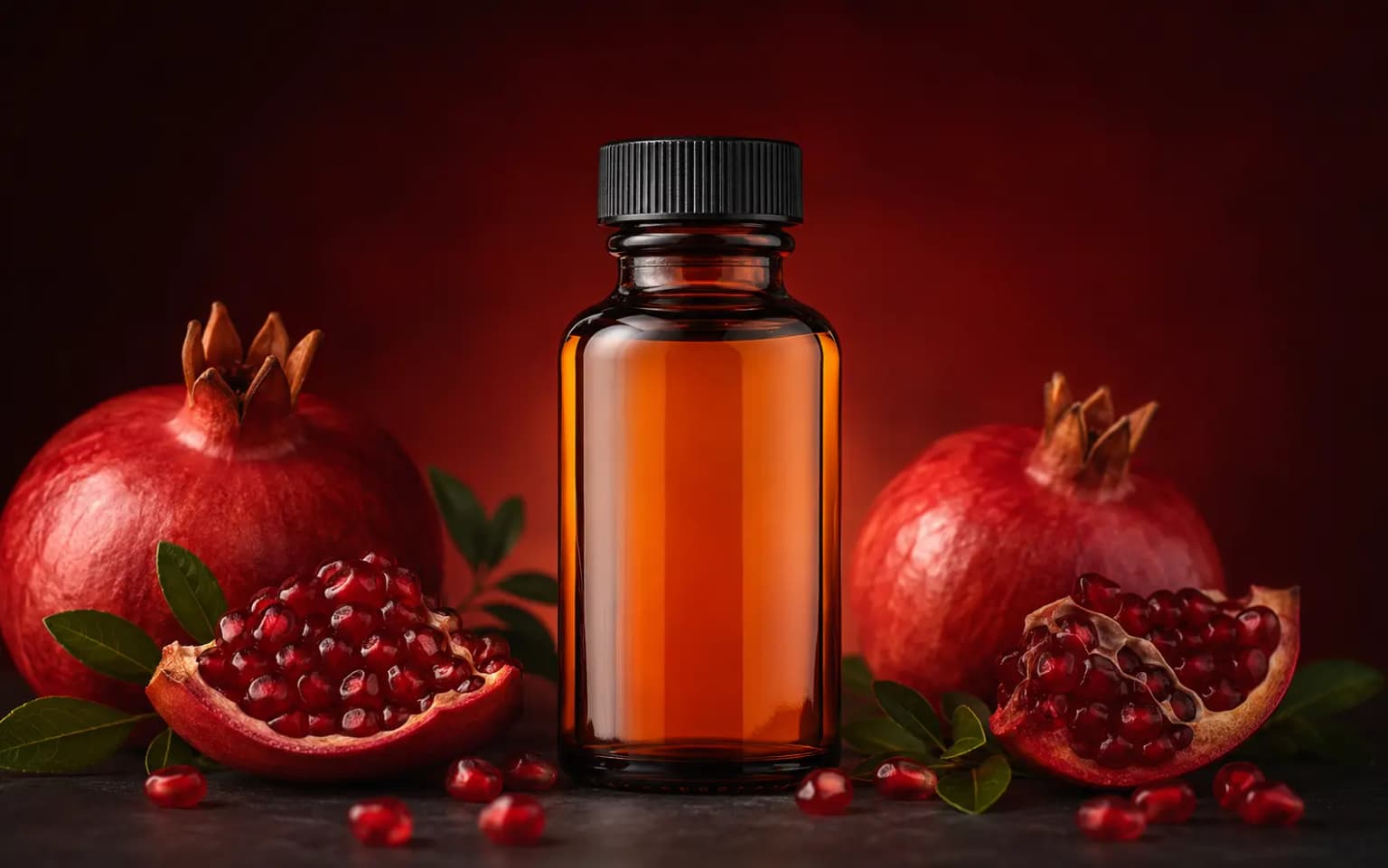 Photorealistic pomegranate food flavor essence bottle with pomegranates