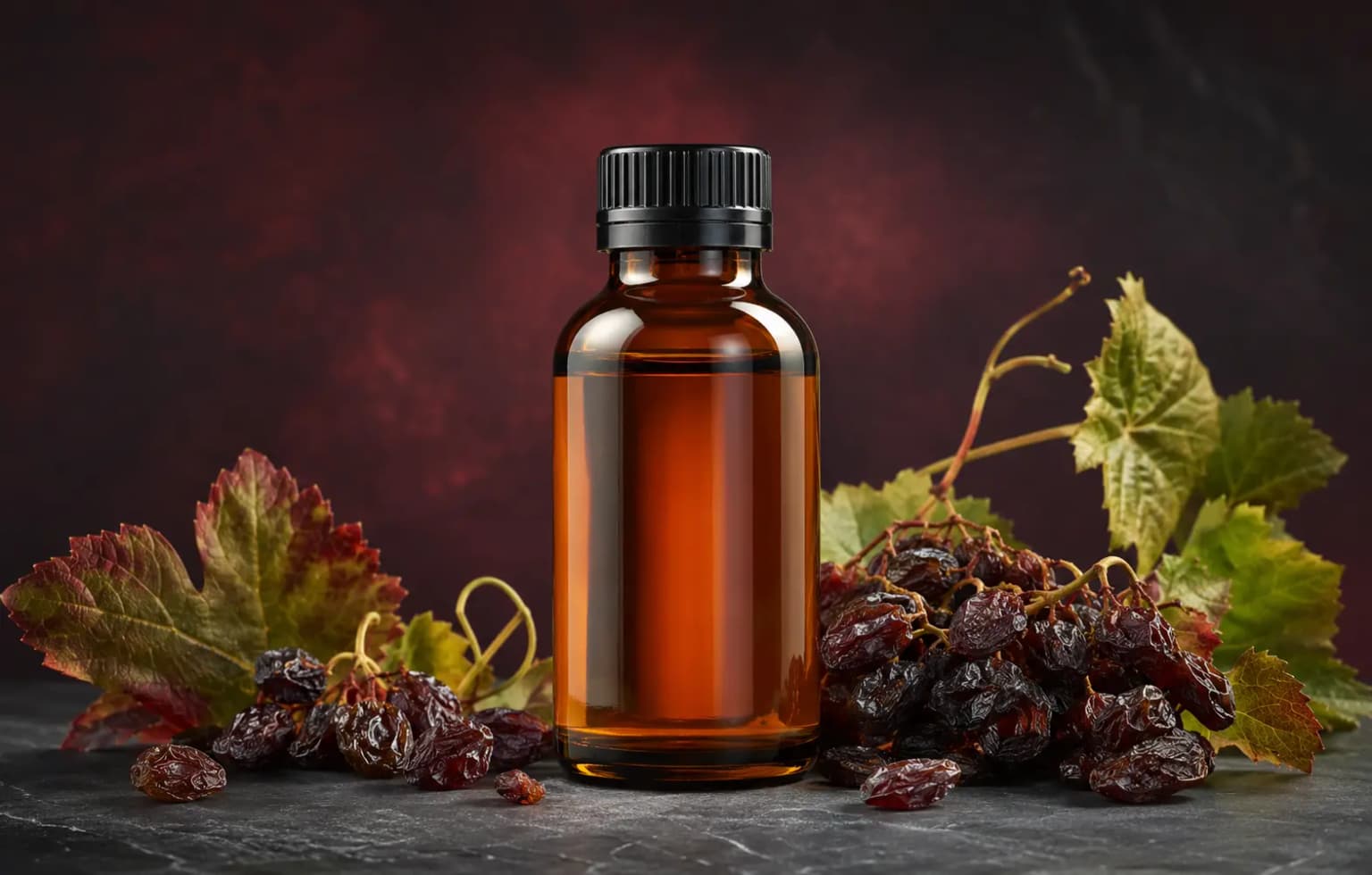 Photorealistic raisin food flavor essence bottle with dark raisins