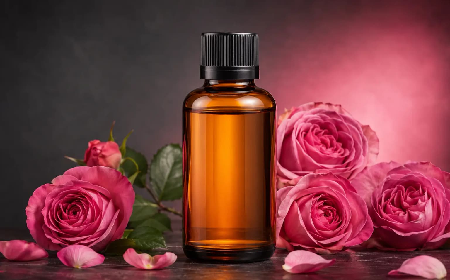 Photorealistic rose food flavor essence bottle with Damask roses