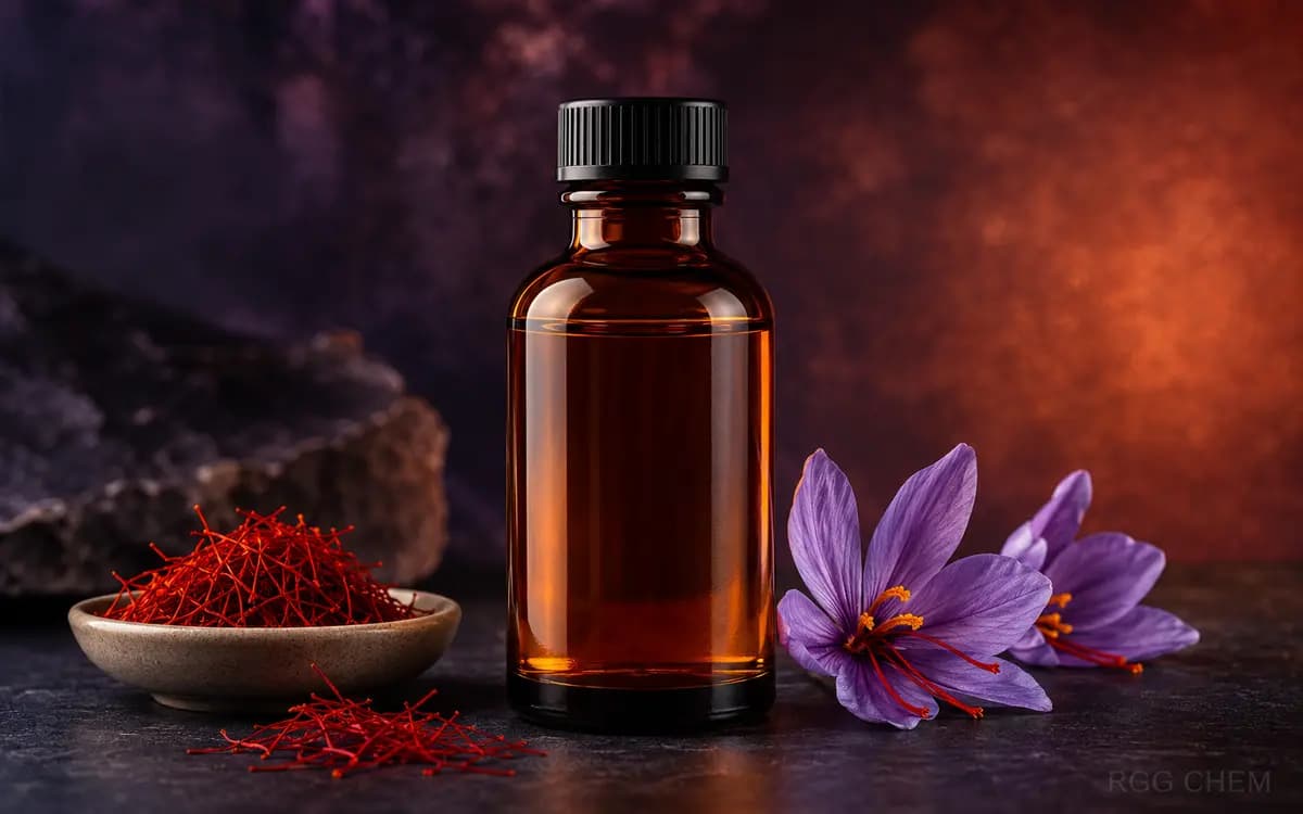 تصویر واقعی‌نمای بطری اسانس خوراکی زعفران در کنار رشته و گل زعفران
