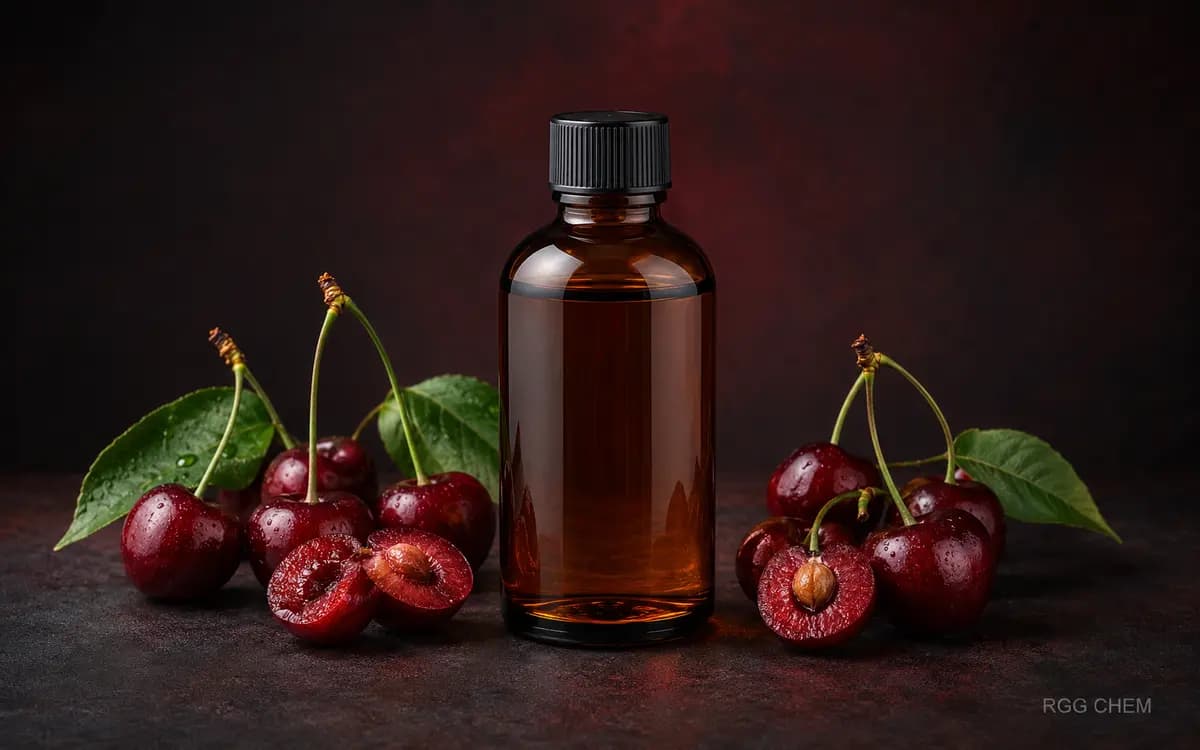 Photorealistic sour cherry food flavor essence bottle with fresh sour cherries