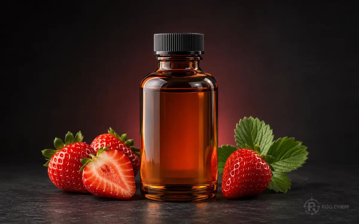 تصویر واقعی‌نمای بطری اسانس خوراکی توت‌فرنگی در کنار توت‌فرنگی تازه