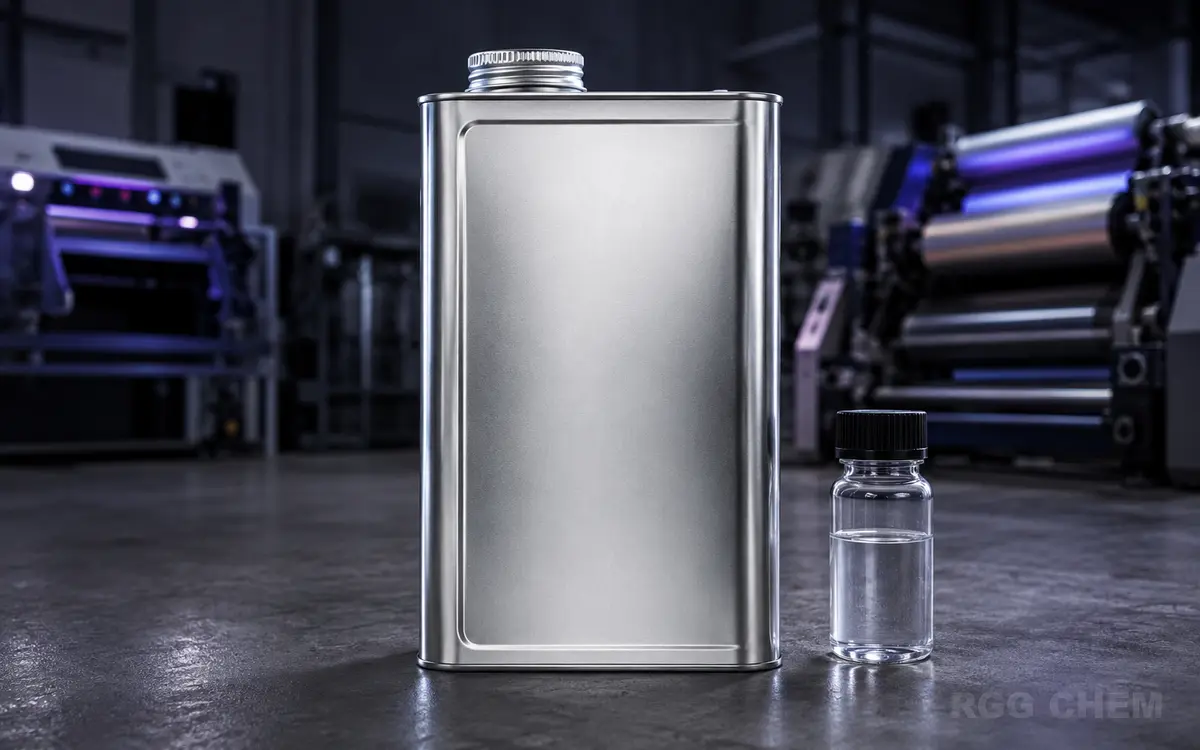 Photorealistic sealed metal acetone solvent can and clear laboratory sample